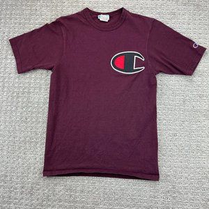 Champion Shirt Women Small S Burgundy Big Embroidered Chest Logo T-Shirt Ladies